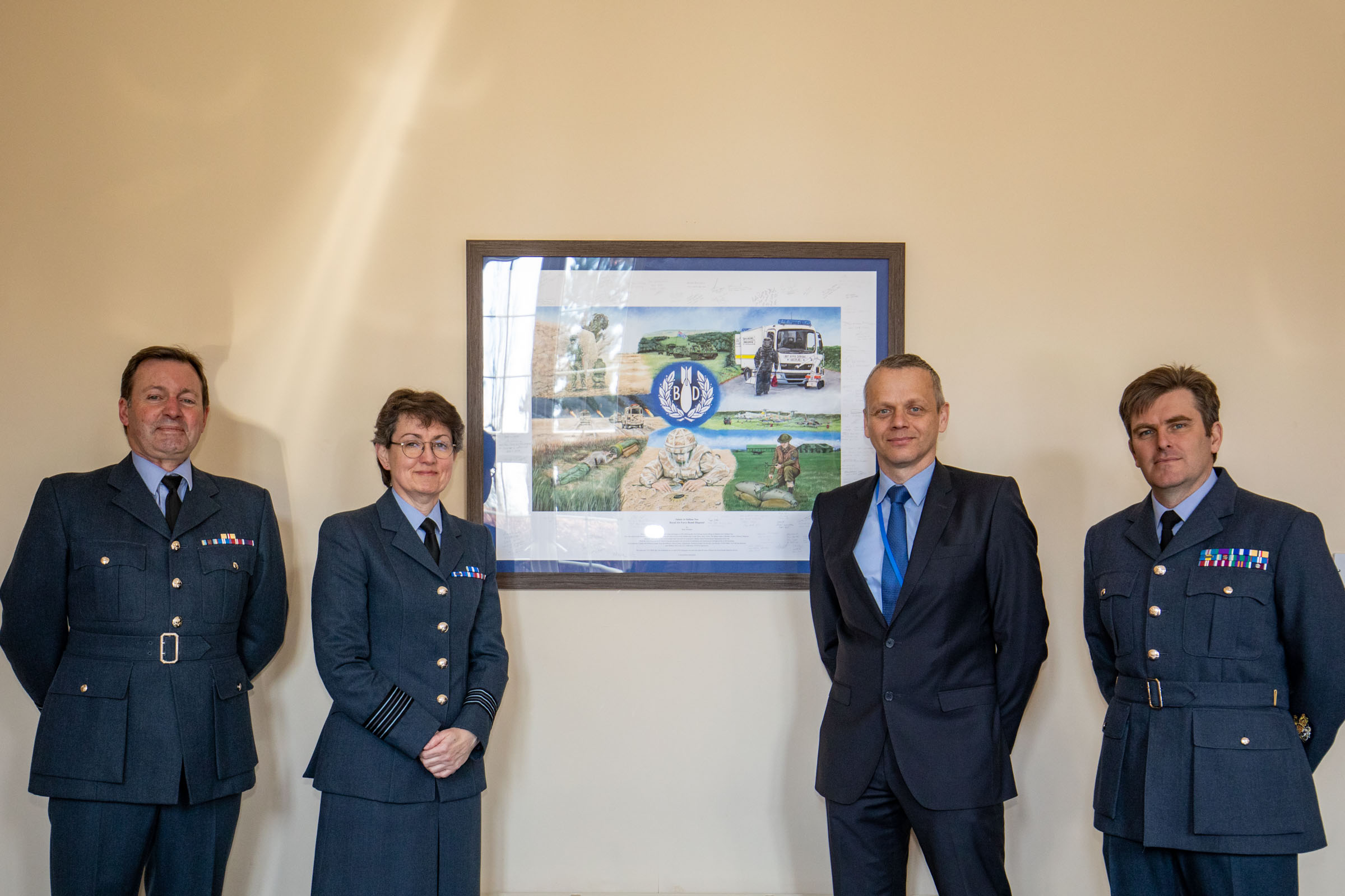 From left to right: Squadron Leader Al Auchterlonie, Wing Commander Maggie Boyle, Mr Mark Whitaker, Warrant Officer Dave Lowe
